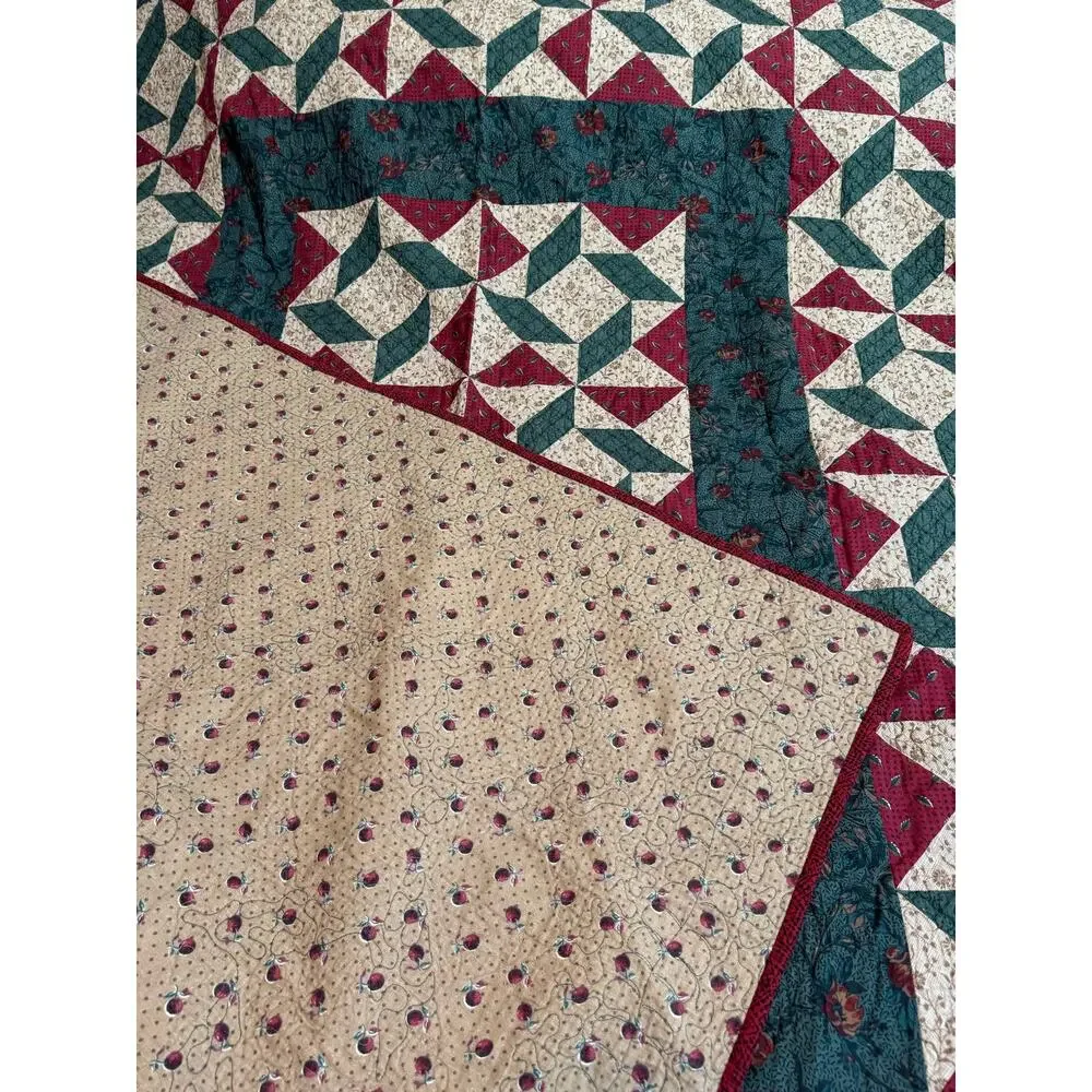 Handmade Quilt Vintage Cottage Farmhouse Cabin Fall Florals Red Green Pinwheels